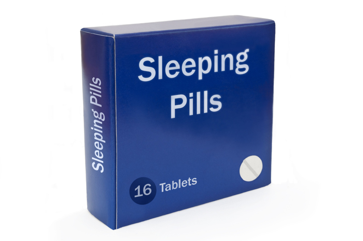 blue medication box with words sleeping pills