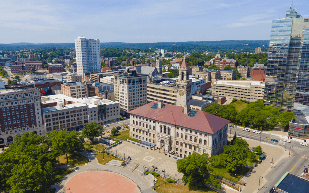 Aerial View of Worchester MA with city hall in sight